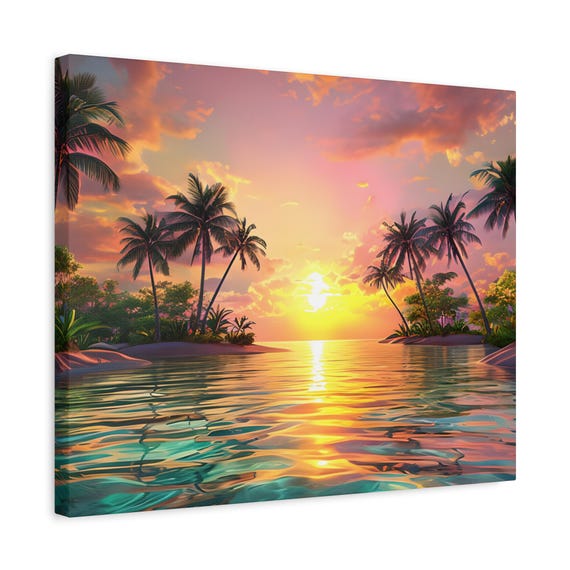 Tropical Sunset Canvas Art: Beach Palms Print, Living Room Decor
