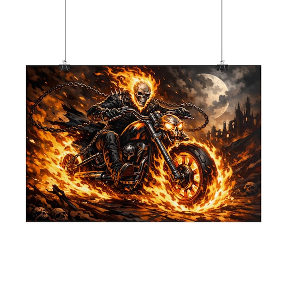 Flaming Ghost Rider Motorcycle Rolled Posters | Fiery Skull Bike Wall Art Decor