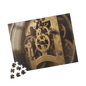 May include: A partially assembled jigsaw puzzle featuring the intricate internal mechanism of a vintage clock. The gears and plates are a warm brass color, with the text "J. WILCOX & SONS, LONDON - 1887" visible. A few puzzle pieces are separate.