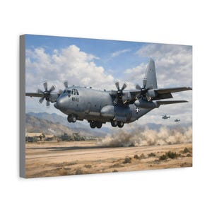 May include: A canvas print depicts a gray military transport aircraft, number 1245, taking off from a desert landing strip. The aircraft has four propellers and is surrounded by dust. Two helicopters are visible in the distance.