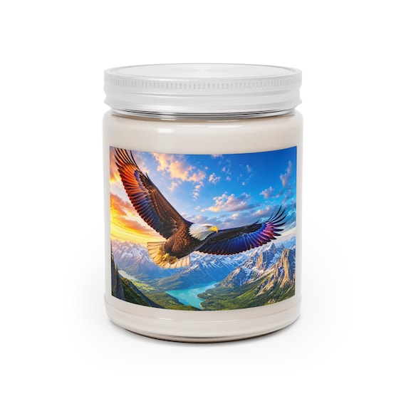 Soaring Bald Eagle Landscape Candle - 9oz Soy Jar with White Lid, Patriotic Nature Gift