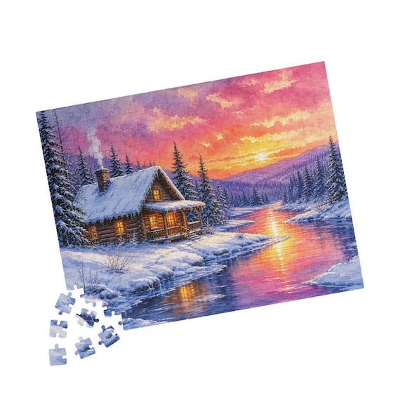 Cozy Winter Cabin Sunset Jigsaw Puzzle | 110-520 Pieces, Family Christmas Gift