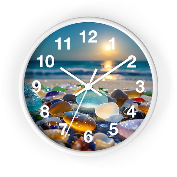 Sea Glass Beach Sunset Wall Clock | Coastal Pebble Ocean Decor