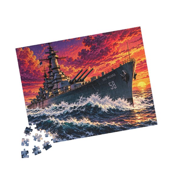 USS Indiana Battleship Jigsaw Puzzle – Sunset Naval Warship Art (110/252/520 Pieces)
