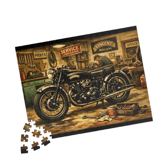 Vintage Motorcycle Garage Puzzle 110, 252, or 520-Piece | Retro Bike Workshop Jigsaw
