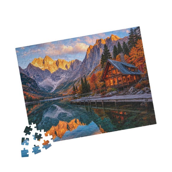 Mountain Lake Cabin Sunset Puzzle - Scenic Autumn Landscape Jigsaw for Adults, Cozy Nature Gift