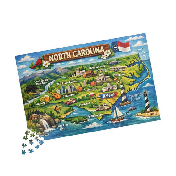 North Carolina Map Puzzle 1014-Piece | State Landmarks Jigsaw | Relaxation Hobby