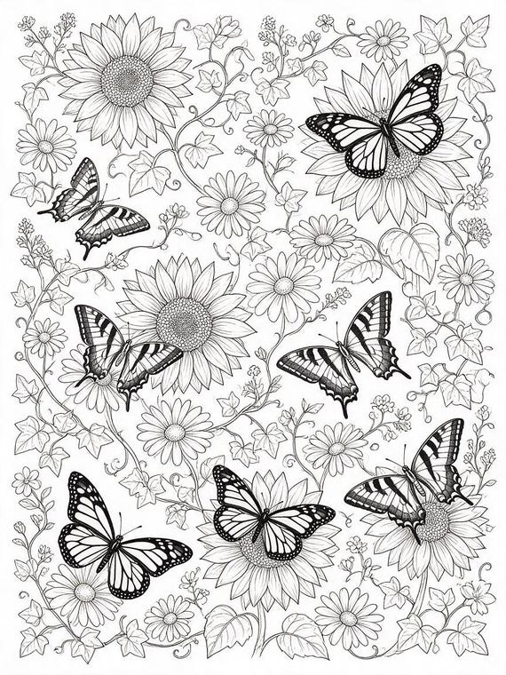 Butterflies Over Garden Flowers Coloring Page | 8.5" x 11" Printable PDF (Digital Download)