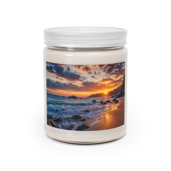 Sunset Ocean Beach Soy Candle – Hand-Poured, Reusable Jar, Coastal Decor Gift