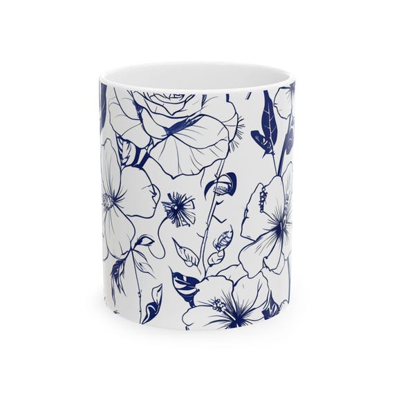 白と青の花柄マグカップ | 陶器製コーヒーカップ - Etsy 日本