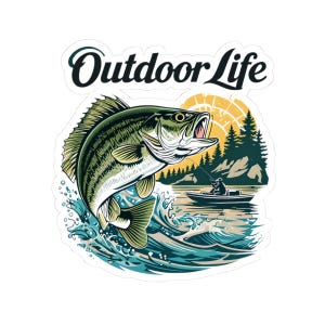May include: A sticker featuring a leaping fish with open mouth, water splashes, and a fisherman in a boat. The text "Outdoor Life" is arched above the fish. The background includes a sun and trees.