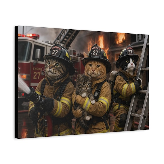 Firefighter Cats Holding Kitten Canvas Print | Framed Wall Art Ready to Hang | Firehouse Decor