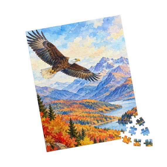 Bald Eagle Over Autumn Mountains Jigsaw Puzzle – Scenic Wildlife Landscape (110-520 Pieces)