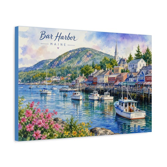 Bar Harbor Maine Watercolor Canvas Print – Coastal Harbor Seaside Wall Art