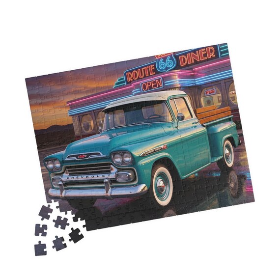 Vintage Turquoise 1959 Chevy Pickup Truck Puzzle | Retro Route 66 Diner Scene