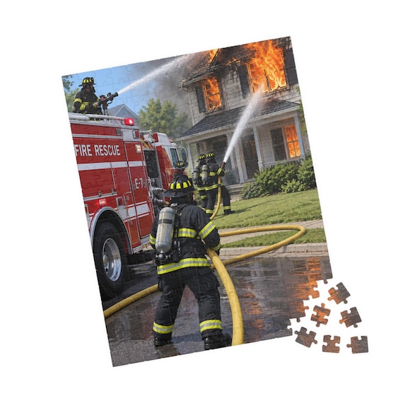 Firefighters Battling House Blaze Jigsaw Puzzle – Rescue Scene, Fire Truck (110-520 Pieces)