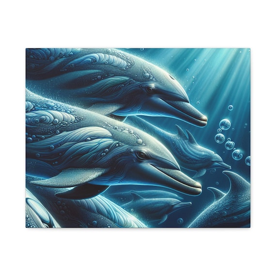Oceanic Dolphin Canvas Art, Marine Life Wall Decor, Nautical Home Accent, Ocean Lover Gift, Underwater Artwork