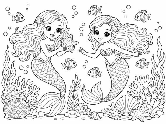 Mermaid Coloring Page for Kids - Printable Ocean Fantasy Activity, Instant Digital Download