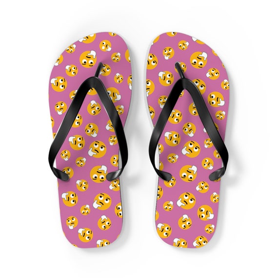Vibrant Pink Flip Flops with Playful Yellow Emoji Pattern - Stylish Beach Sandals for Summer Fun