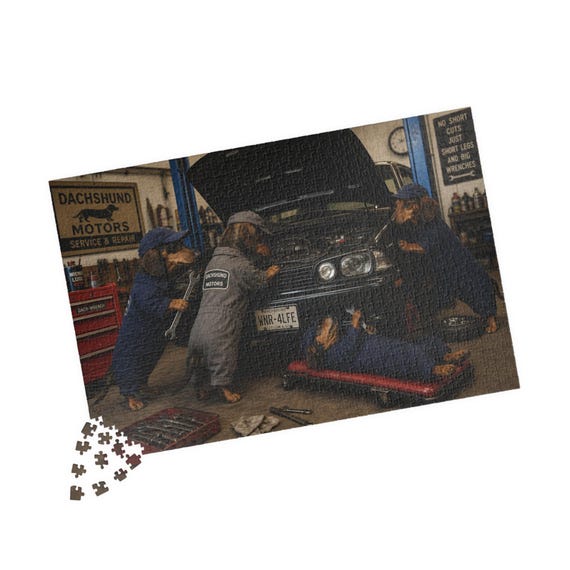 Dachshund Mechanic Garage Scene 1014 Piece Jigsaw Puzzle | Pet Lovers Gift