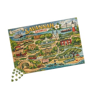 Savannah Georgia Illustrated Map Puzzle | Historic Landmark City Jigsaw Souvenir Travel Gift