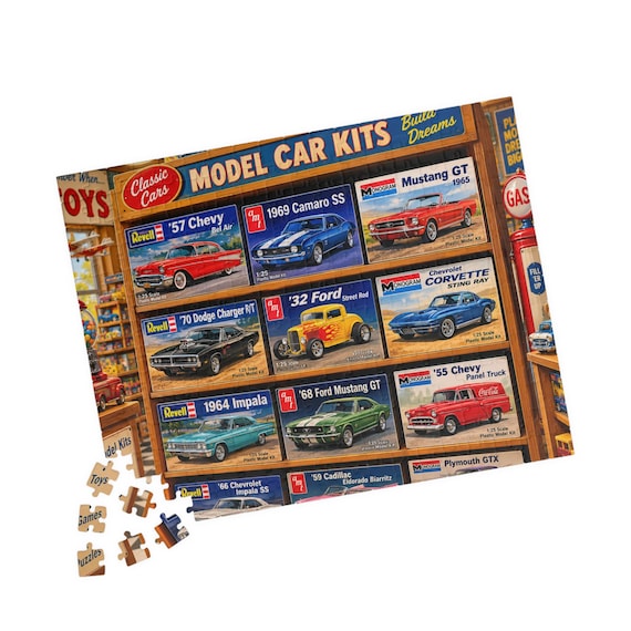 Vintage Model Car Kits Display Puzzle - Classic Automotive