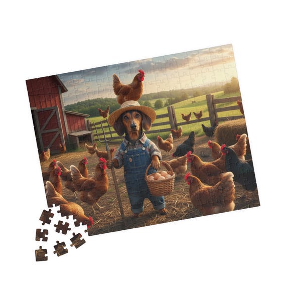 Dachshund Farm Dog with Chickens Puzzle | Country Barnyard Jigsaw Puzzle 110-520 pcs