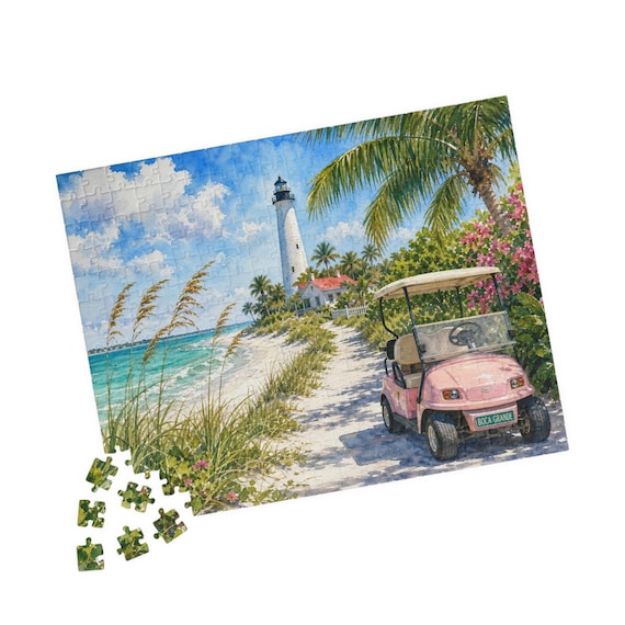 Lighthouse Beach Scene Jigsaw Puzzle - Coastal Golf Cart Art, 110-520 Pieces, Ocean Decor Gift