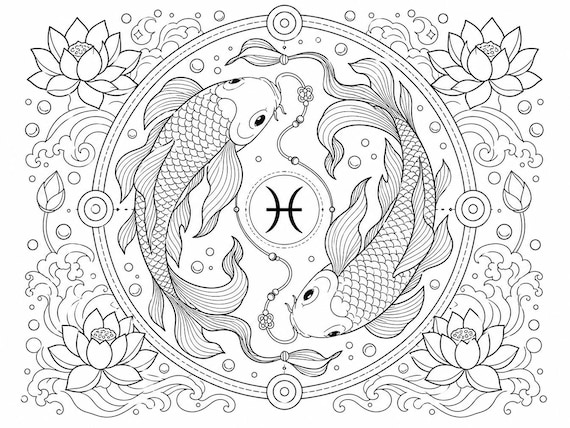 Pisces Zodiac Coloring Page | Astrology Printable (8.5x11 Landscape)