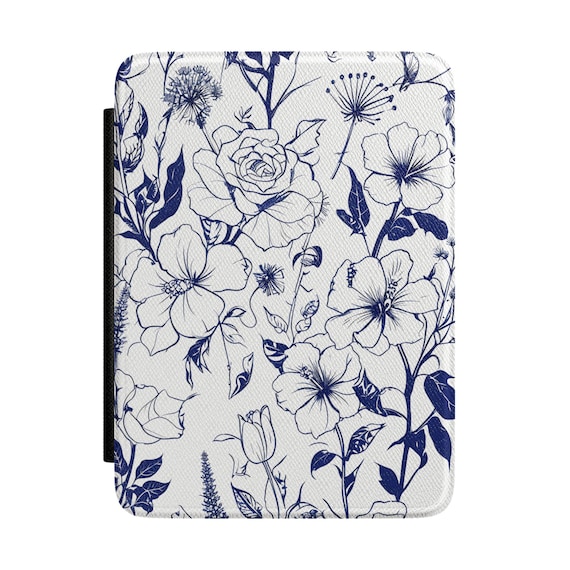 Navy Blue Floral Sketch Kindle Case | Botanical Flowers Sleeve