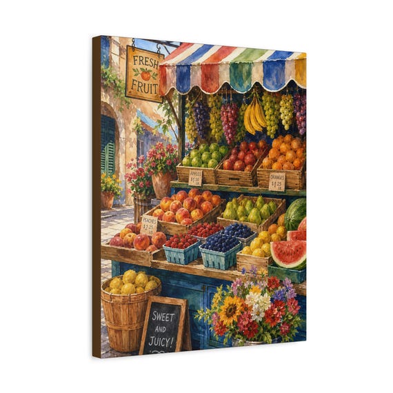 Fresh Fruit Market Stand Canvas Print | Colorful Kitchen Wall Art | Rustic Farmhouse Home Decor