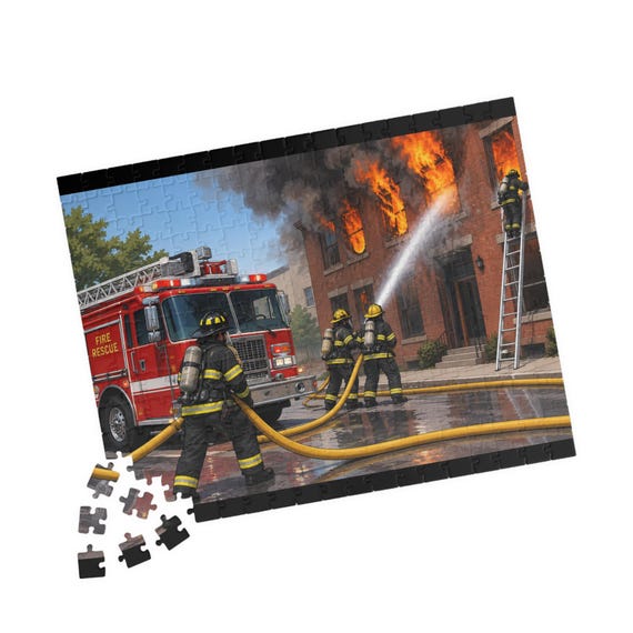 Firefighter Rescue Puzzle – Fire Truck, Flames, Water Spray (110-520 Pieces)