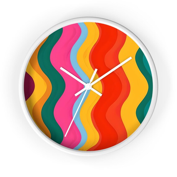 Colorful Wavy Stripes Wall Clock | Retro Rainbow Abstract Timepiece for Modern Boho Decor