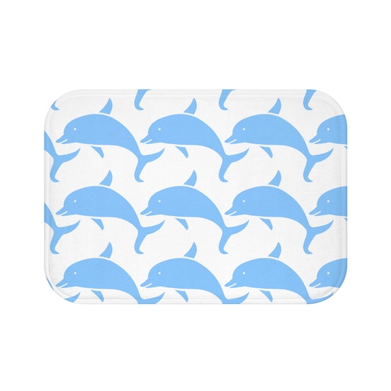 Blue Dolphin Patterned White Memory Foam Bath Mat for a Splash of Fun in Your Bathroom