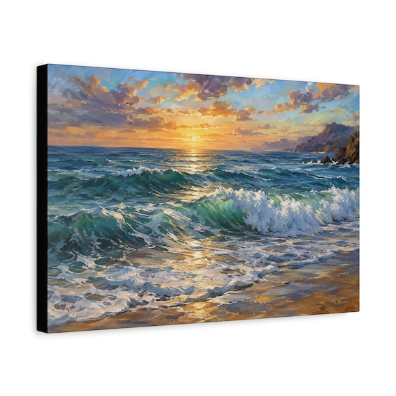 Ocean Sunset Waves Stretched Canvas - Teal Seascape Coastal Wall Art