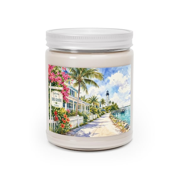 Coastal Lighthouse Soy Candle | Watercolor Palm Trees, Boardwalk (9oz)