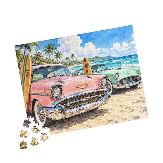 Vintage Car Puzzle, Surf Scene Coastal Jigsaw in 110, 252, or 520 Pieces