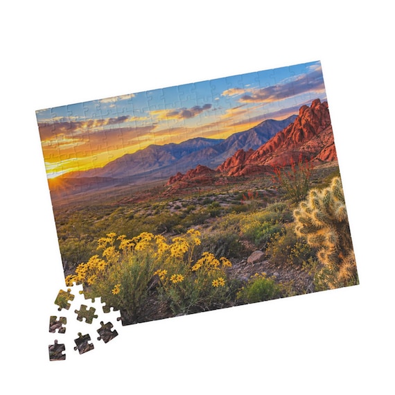 Desert Sunset Landscape Jigsaw Puzzle – Red Rock Mountains, Wildflowers (110/252/520 Pieces)