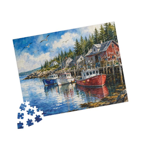 Coastal Fishing Village Jigsaw Puzzle | Harbor Boats Seaside Art (520 Pieces)