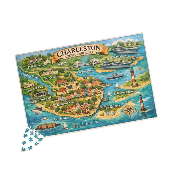 Charleston South Carolina Map Puzzle 1014 Piece | Coastal Landmark Illustration