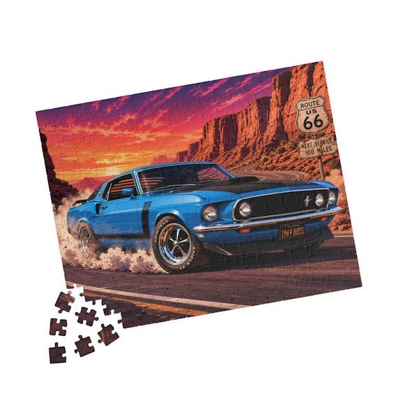 1969 Blue Ford Mustang 302 Boss on Route 66 Jigsaw Puzzle