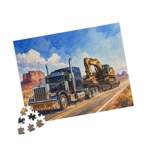 Oversize Load Truck & Excavator Puzzle | Desert Mesa Construction Art (110-520 Pieces)