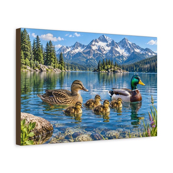 Mallard Duck Family Canvas Print - Mountain Lake Wildlife Wall Art for Rustic Cabin Decor
