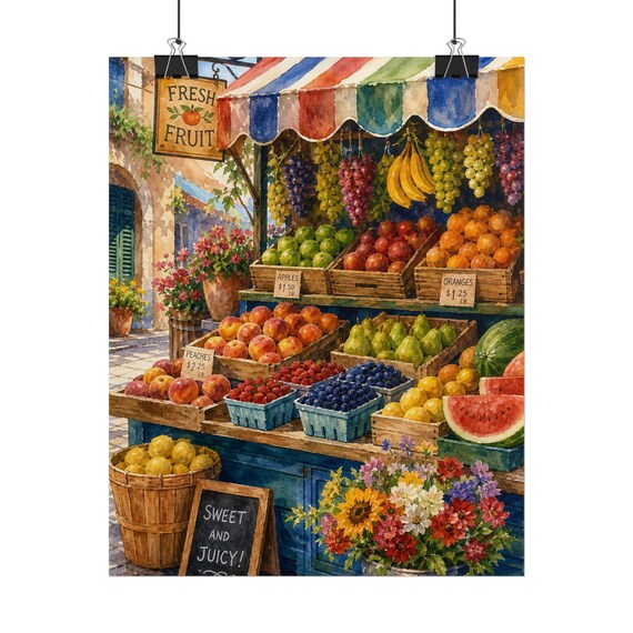 Fresh Fruit Market Poster | Colorful Kitchen Wall Art | Farmers Grocery Print | Vibrant Summer Decor