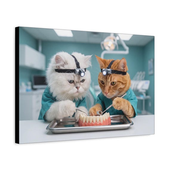 Cats as Dentists Canvas Print | Funny Animal Dental Office Wall Art