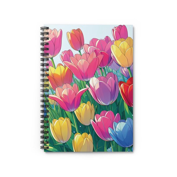 Spiral Journal Notebook with Bright Tulip Pattern in Pink, Yellow, and Blue