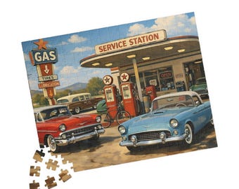 Vintage Tankstelle mit Oldtimern Puzzle | Retro Gas Station Jigsaw