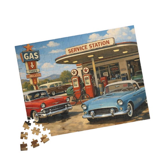 Vintage Service Station with Classic Cars Puzzle | Retro Gas Station Jigsaw