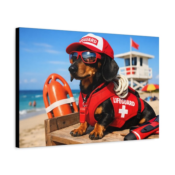 Lifeguard Dachshund Canvas Print Matte Stretched Wall Art Dog Lover Gift Beach Decor