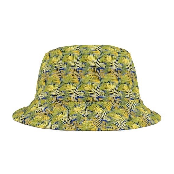 Tropical Blue Bucket Hat with Yellow Palm Leaves - Beach Ready Panama Style Sun Protection Headwear